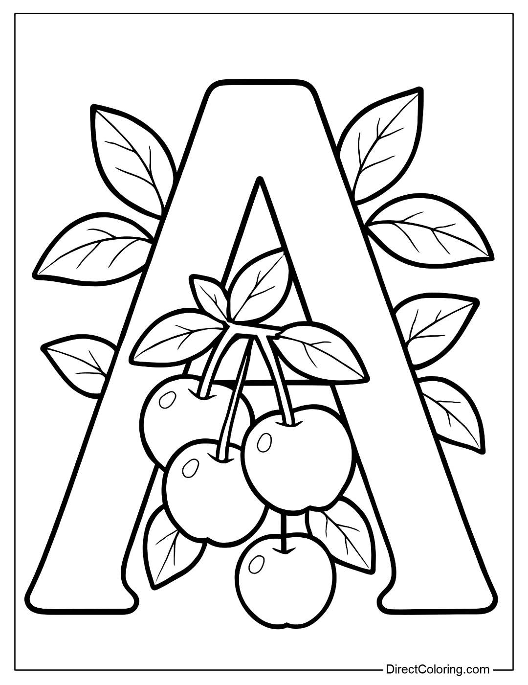 A large letter A coloring page decorated with red apples and green leaves.